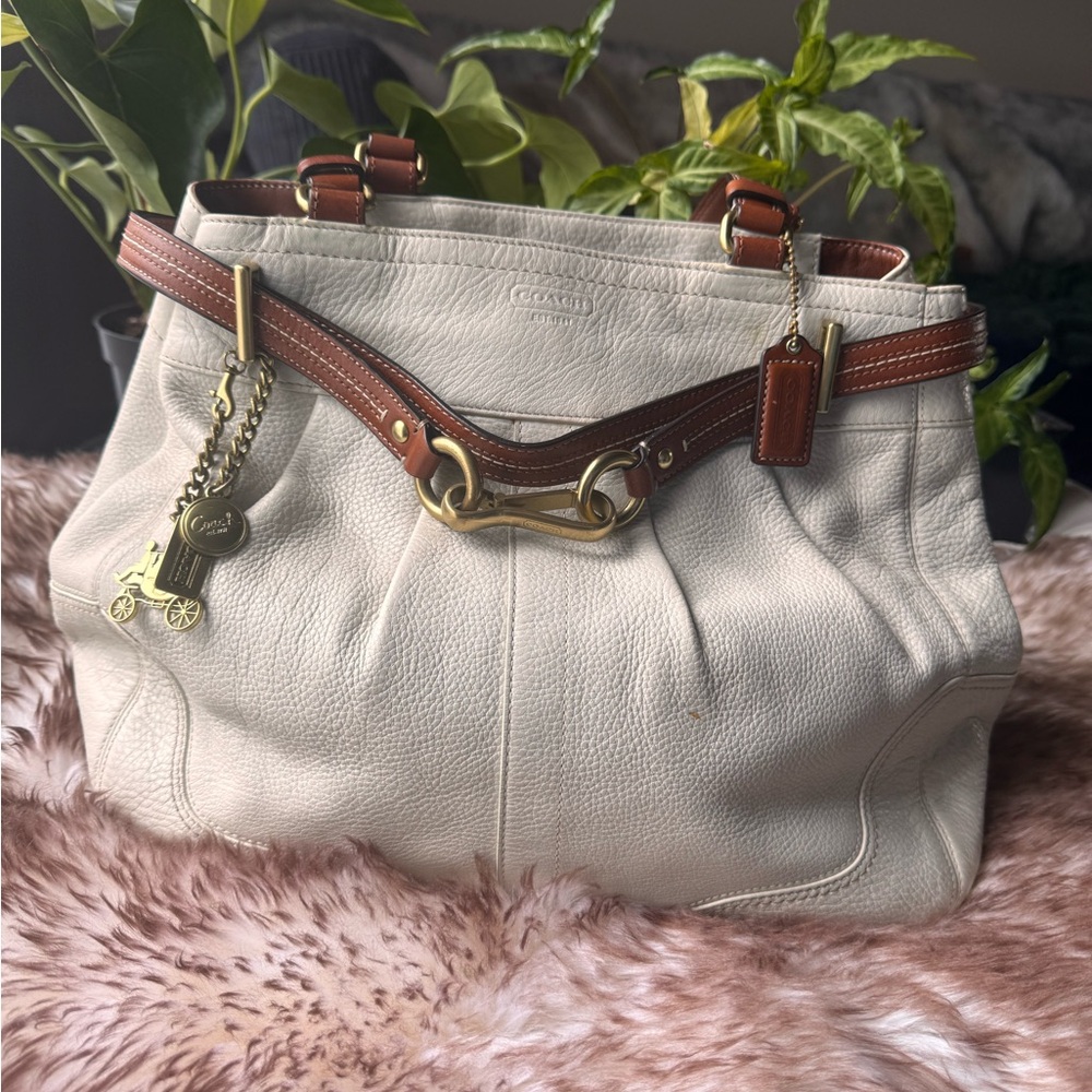 Coach Cream and Brown Shoulder Bag with Elegant Pleats